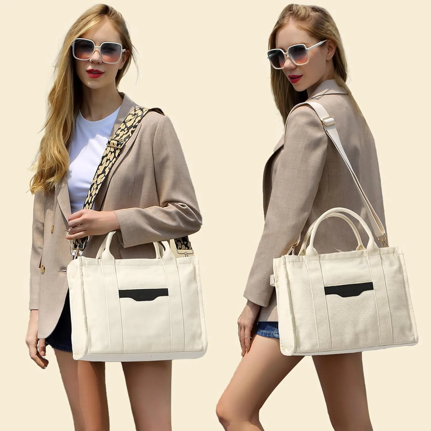 Tote Bag for Women Canvas Zip Top Handle Women's Handbag Multi Pockets Travel Crossbody Shoulder Bag