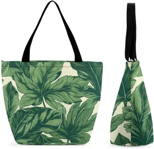 Tote Bag for Women Shoulder Bag with Zipper Green Foliage Botanical Handbag for Travel Work Grocery Bag