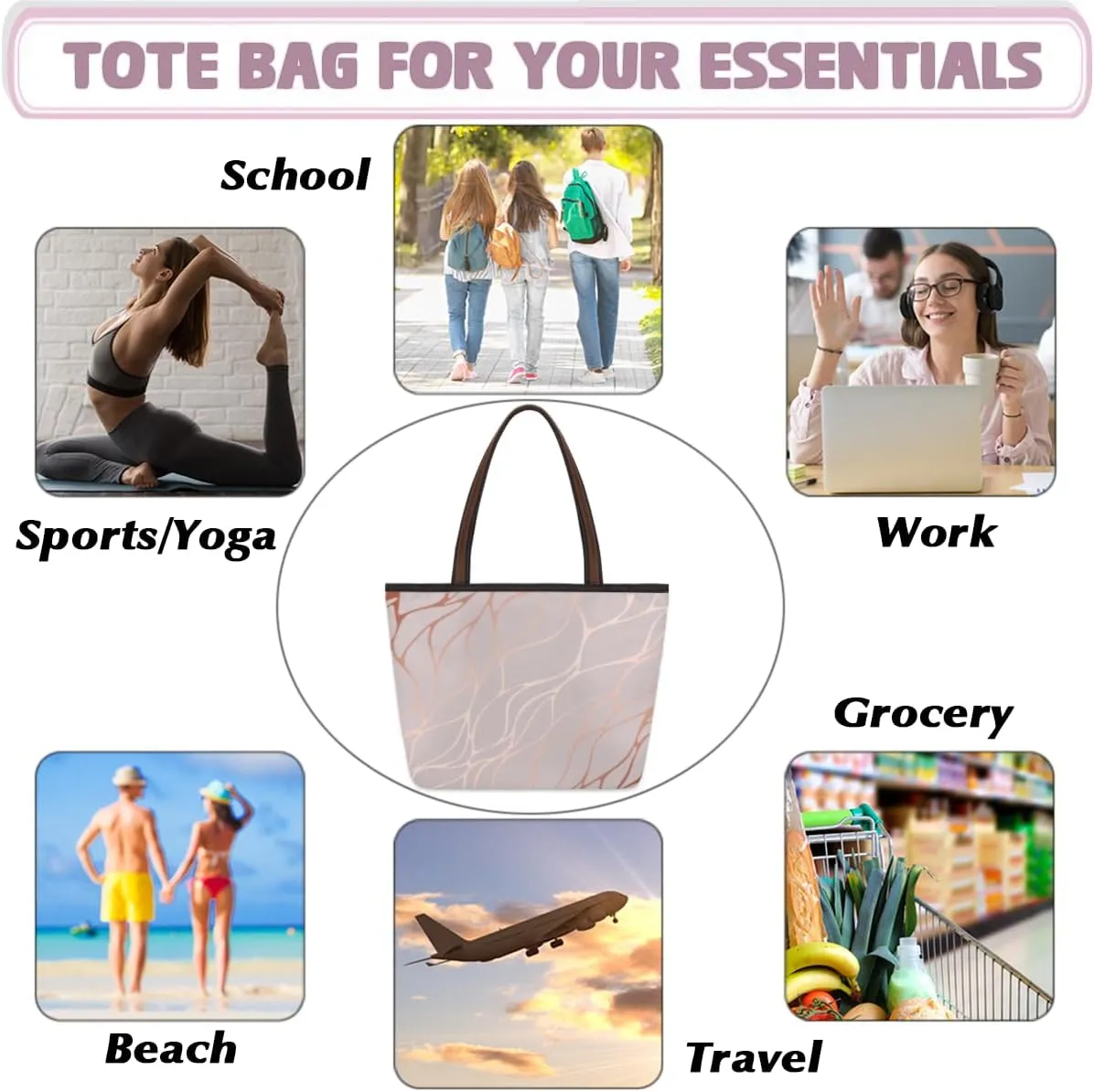 Tote Bag for Women with Zipper Large Capacity Top Handle Casual Shoulder Bag Handbag Reusable Shopping