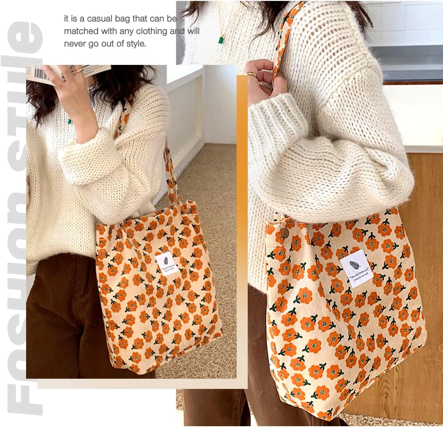 Tote Women Girls, Large Capacity Corduroy Reusable Grocery Shoulder Bag with Inner Pockets