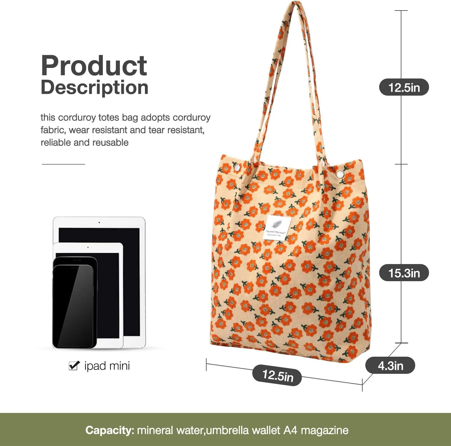 Tote Women Girls, Large Capacity Corduroy Reusable Grocery Shoulder Bag with Inner Pockets
