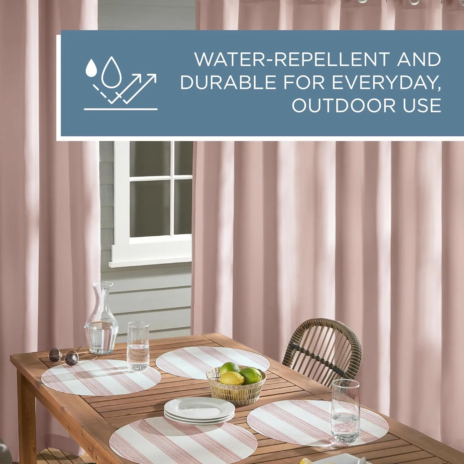 TOWN & COUNTRY BASICS Cabana Solid Heavyweight Indoor Outdoor Curtains, Light Filtering Opacity with Grommet Top, Water Repellent, 2-Pack Set, 54"x108", Blush