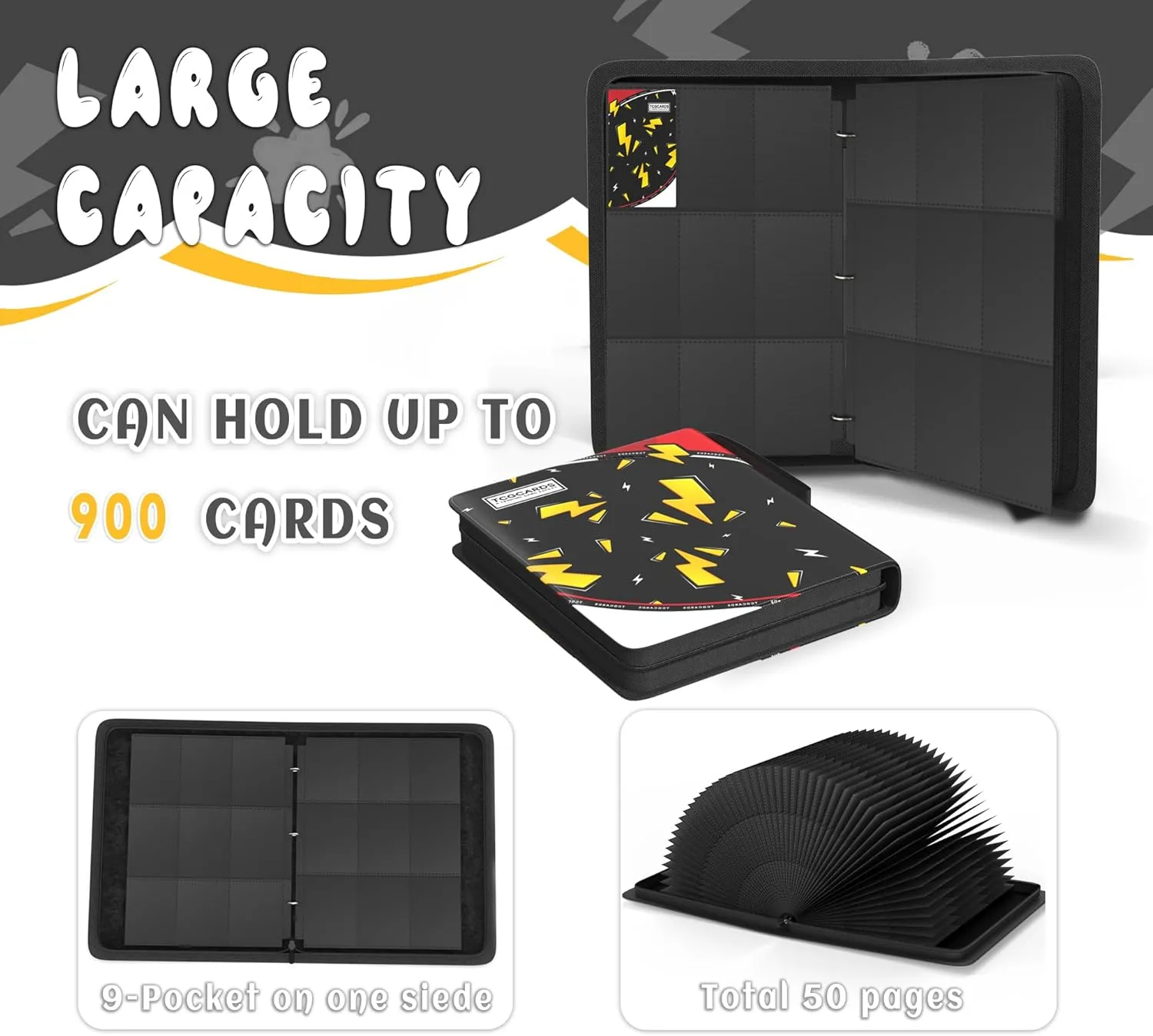 Trading Card Binder 9 Pocket，Card Binder 900 Pockets Card Book Holder Cards with 50 Removable Sleeves，3-Ring Zip Design MTG/TCG/Sport Collectible Trading Card Albums Gifts for Boys and Girls (Black)