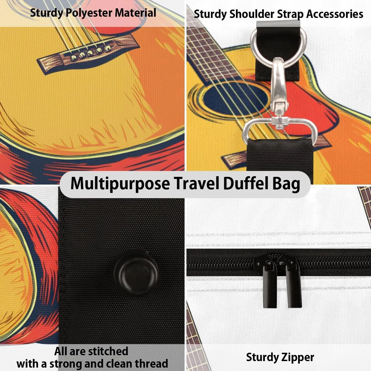 Traditional Guitar Travel Duffle Bag for Women Men Gym Duffel Foldable Bag Waterproof Weekender Music Themed Duffle Tote