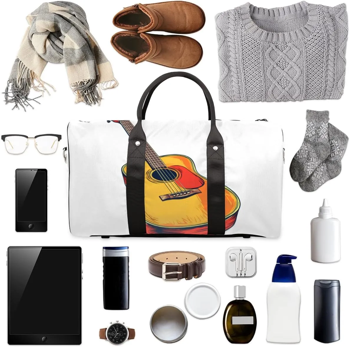 Traditional Guitar Travel Duffle Bag for Women Men Gym Duffel Foldable Bag Waterproof Weekender Music Themed Duffle Tote