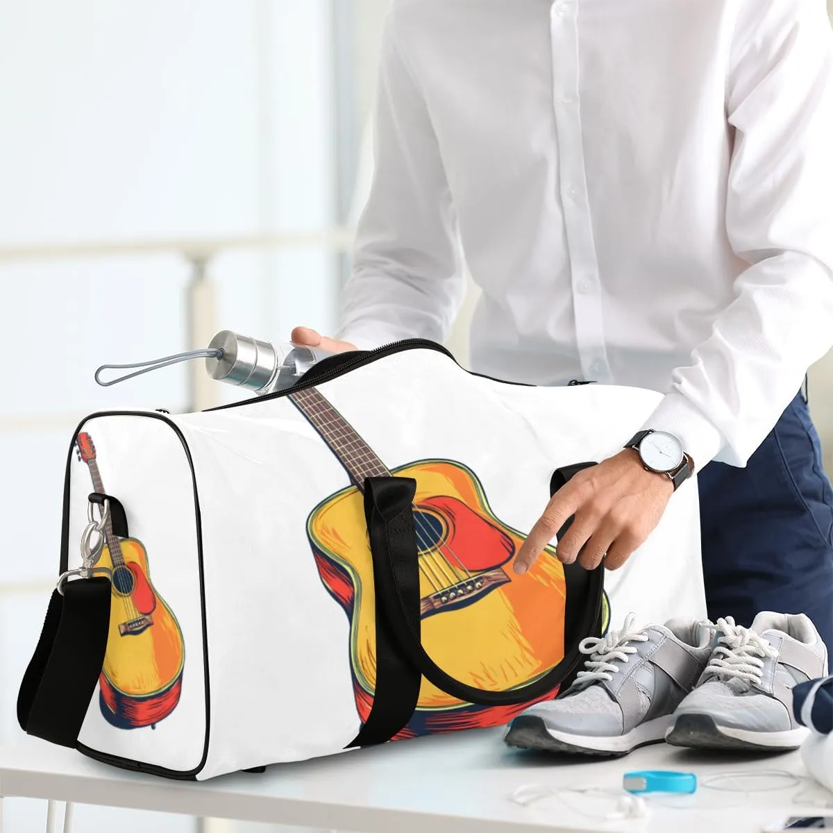 Traditional Guitar Travel Duffle Bag for Women Men Gym Duffel Foldable Bag Waterproof Weekender Music Themed Duffle Tote