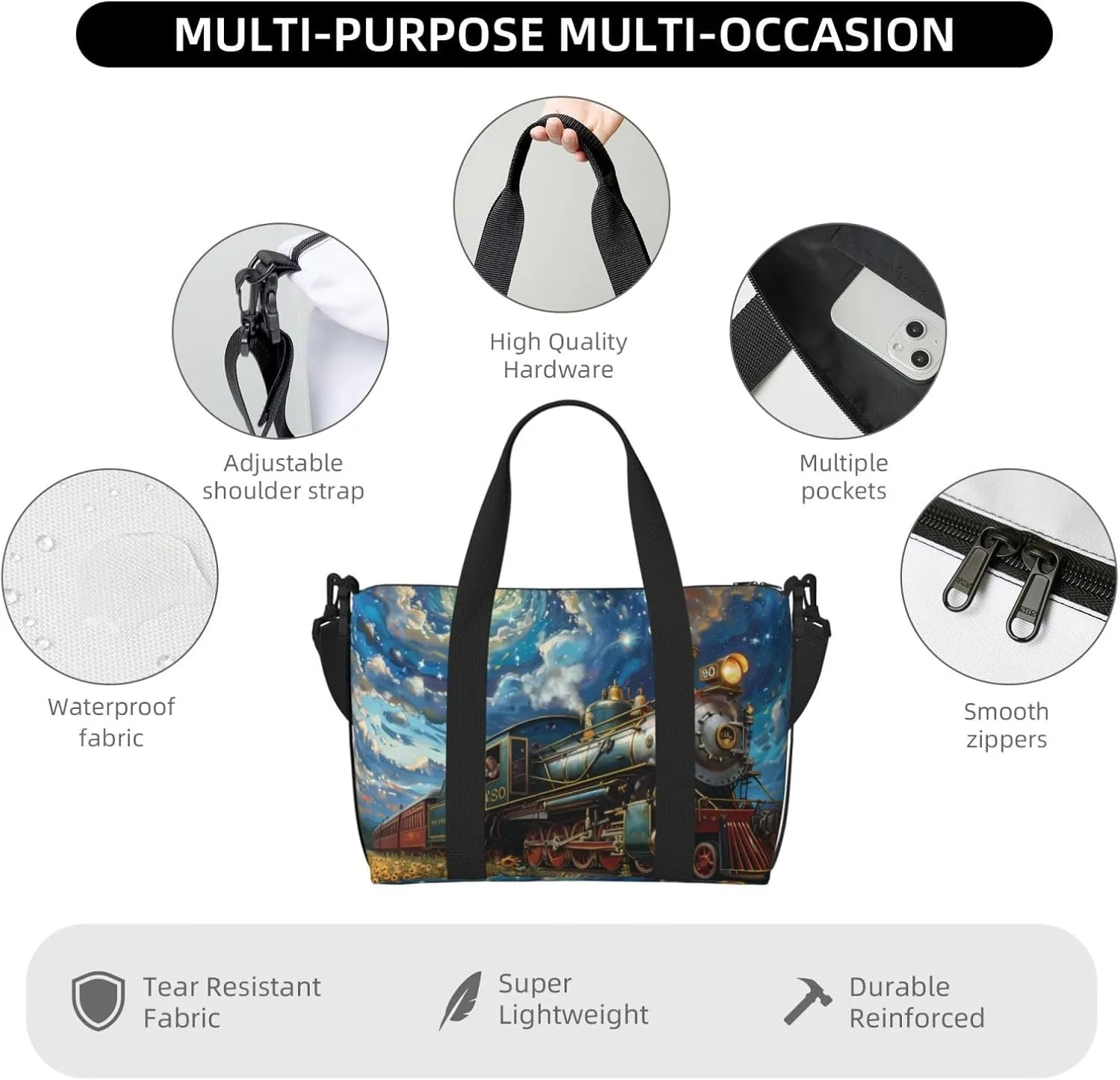 train print Travel Duffel Bag, Sports Tote Gym Bag, Swim Pool Bag Large Shoulder Tote Bag for Beach Weekender