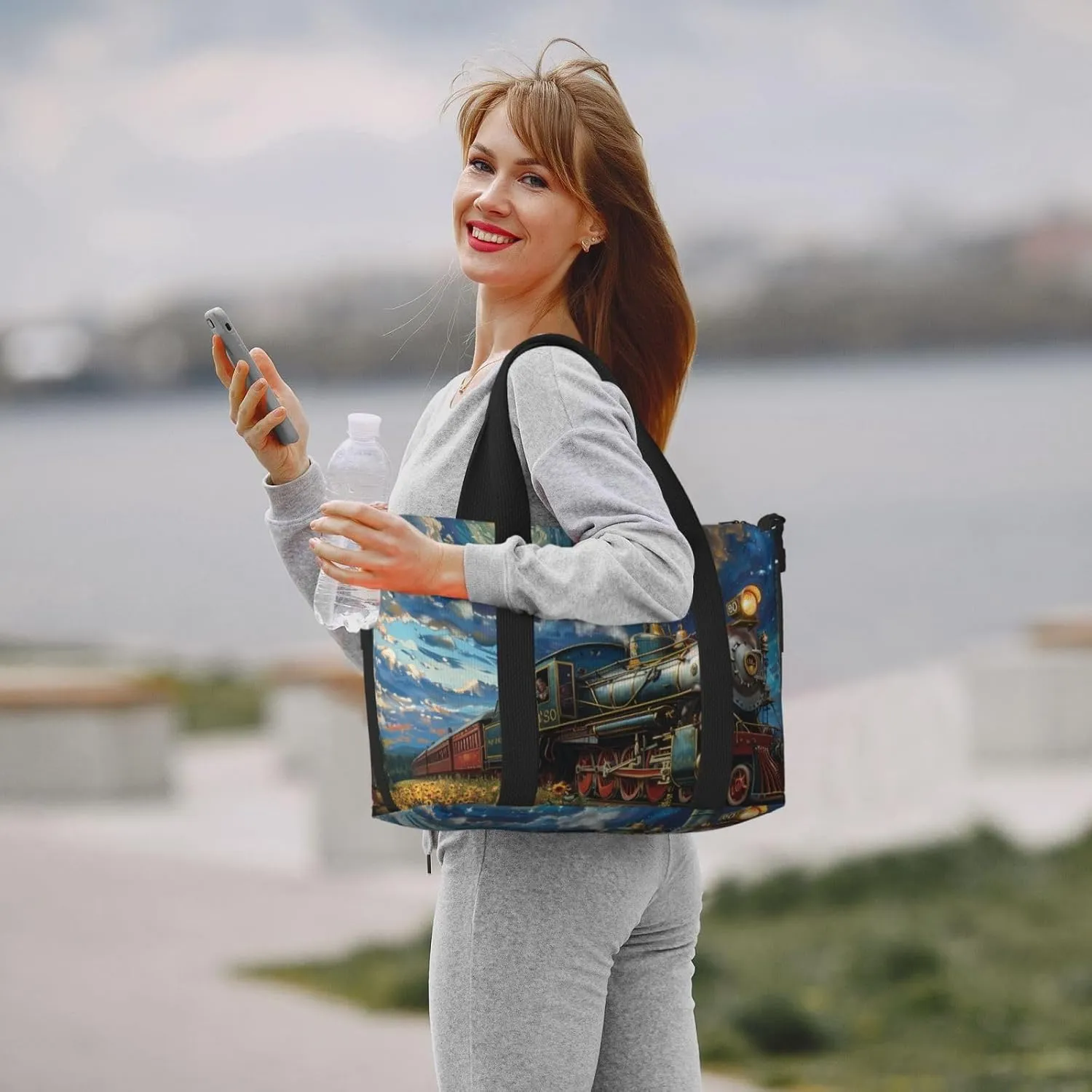 train print Travel Duffel Bag, Sports Tote Gym Bag, Swim Pool Bag Large Shoulder Tote Bag for Beach Weekender