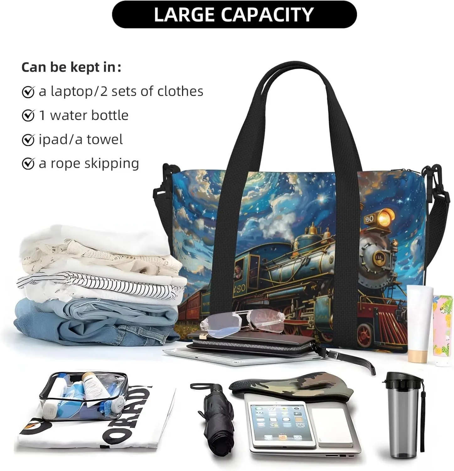 train print Travel Duffel Bag, Sports Tote Gym Bag, Swim Pool Bag Large Shoulder Tote Bag for Beach Weekender