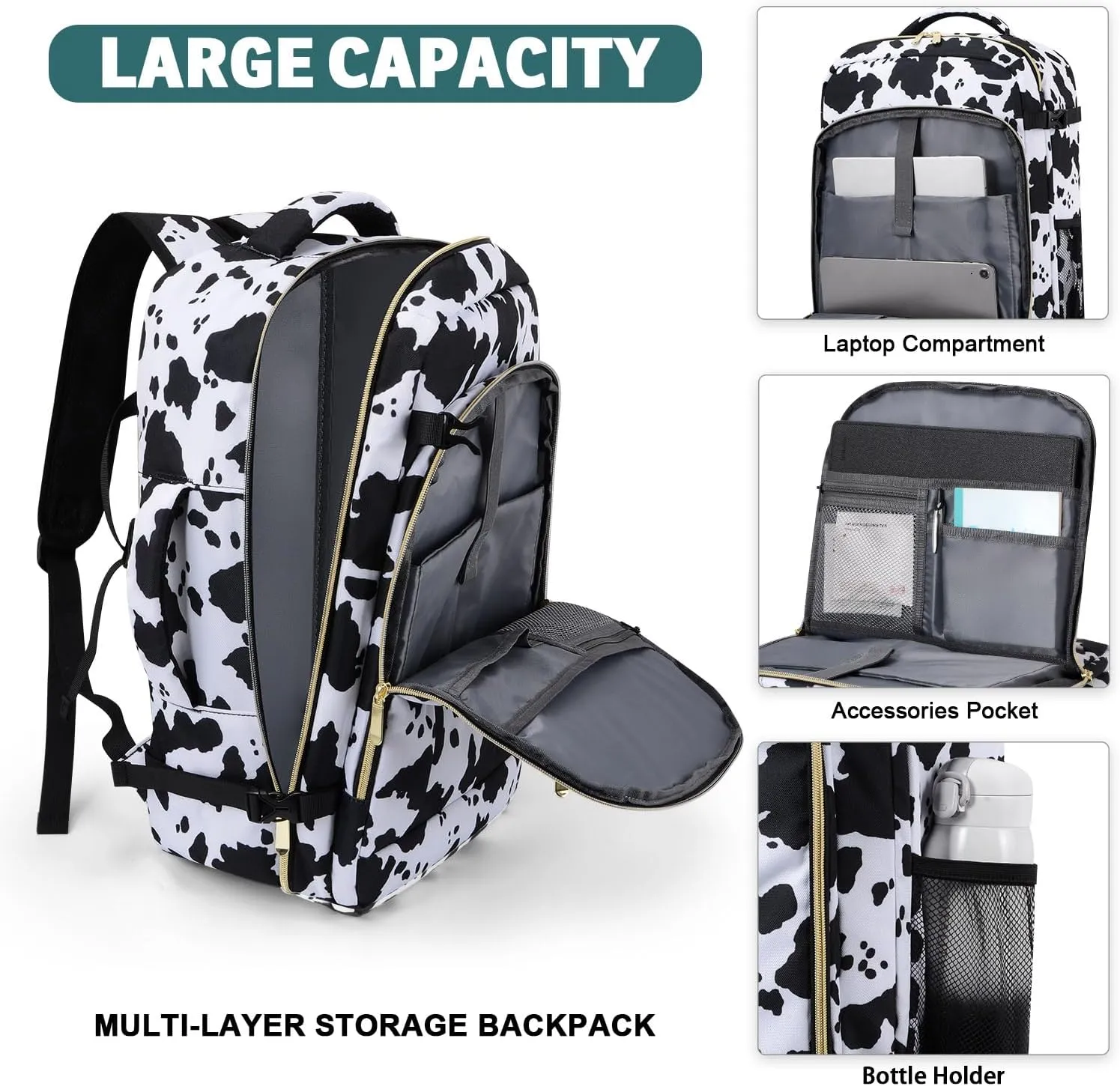 Travel Backpack for Women/Men,Waterproof Carry On Back pack with Laptop Compartment,Travel Essentials Backpack for Traveling,Business Hiking,Casual,Gym(Cow print)