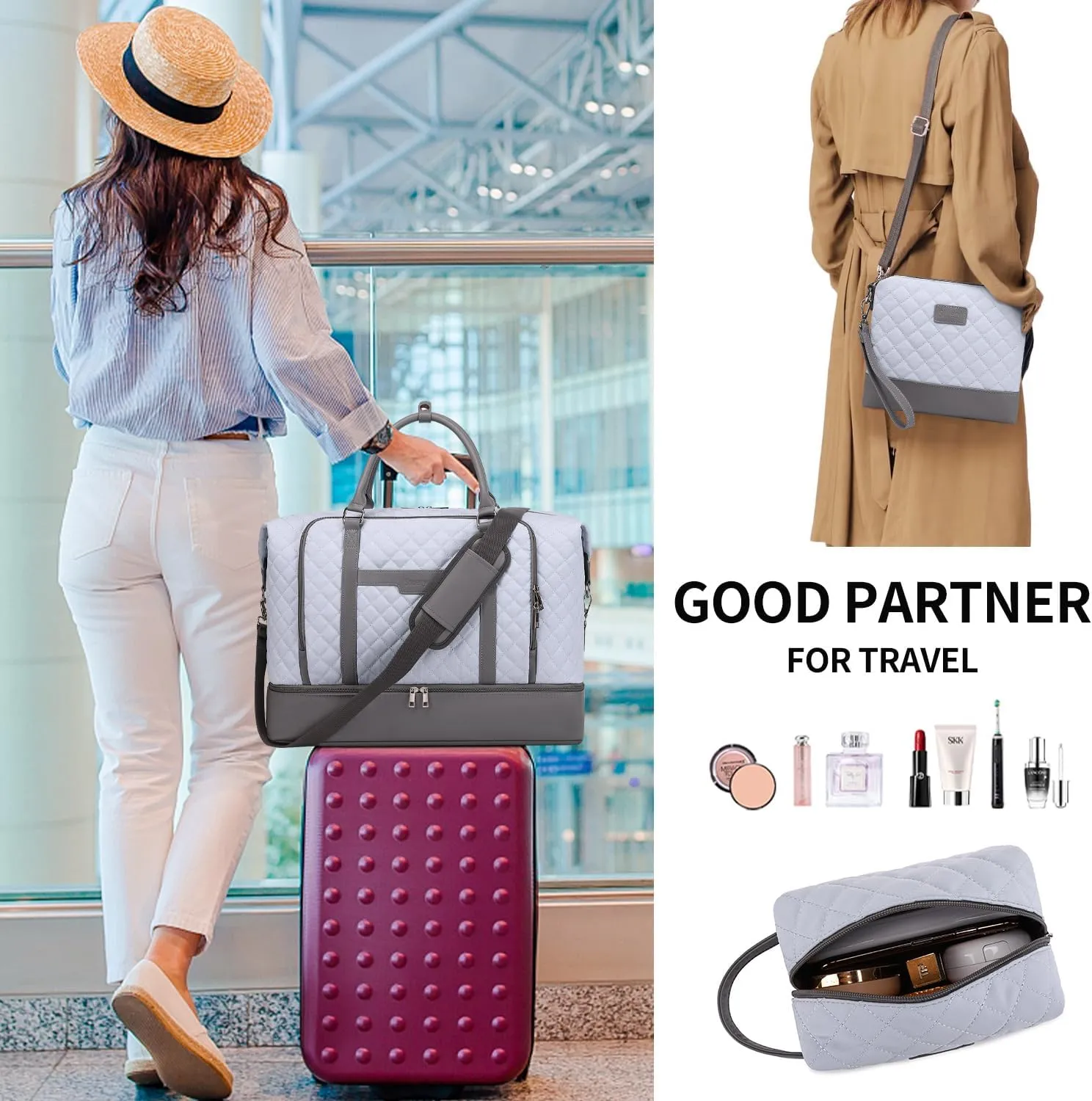 Travel Bag for Women: 21" Large Weekender Bags for Women with Shoe Compartment & Toiletry Bags, 3PCS Overnight Duffel Tote for Carry on Weekend Travel Business Trip Airplane Traveling, Gym