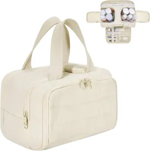 Travel Cosmetic Bag, Lightweight Large Capacity Wide-open Travel Bag for Women, Waterproof Cosmetic Makeup Bag Organizer with Handle for Toiletries, Essentials (Beige)