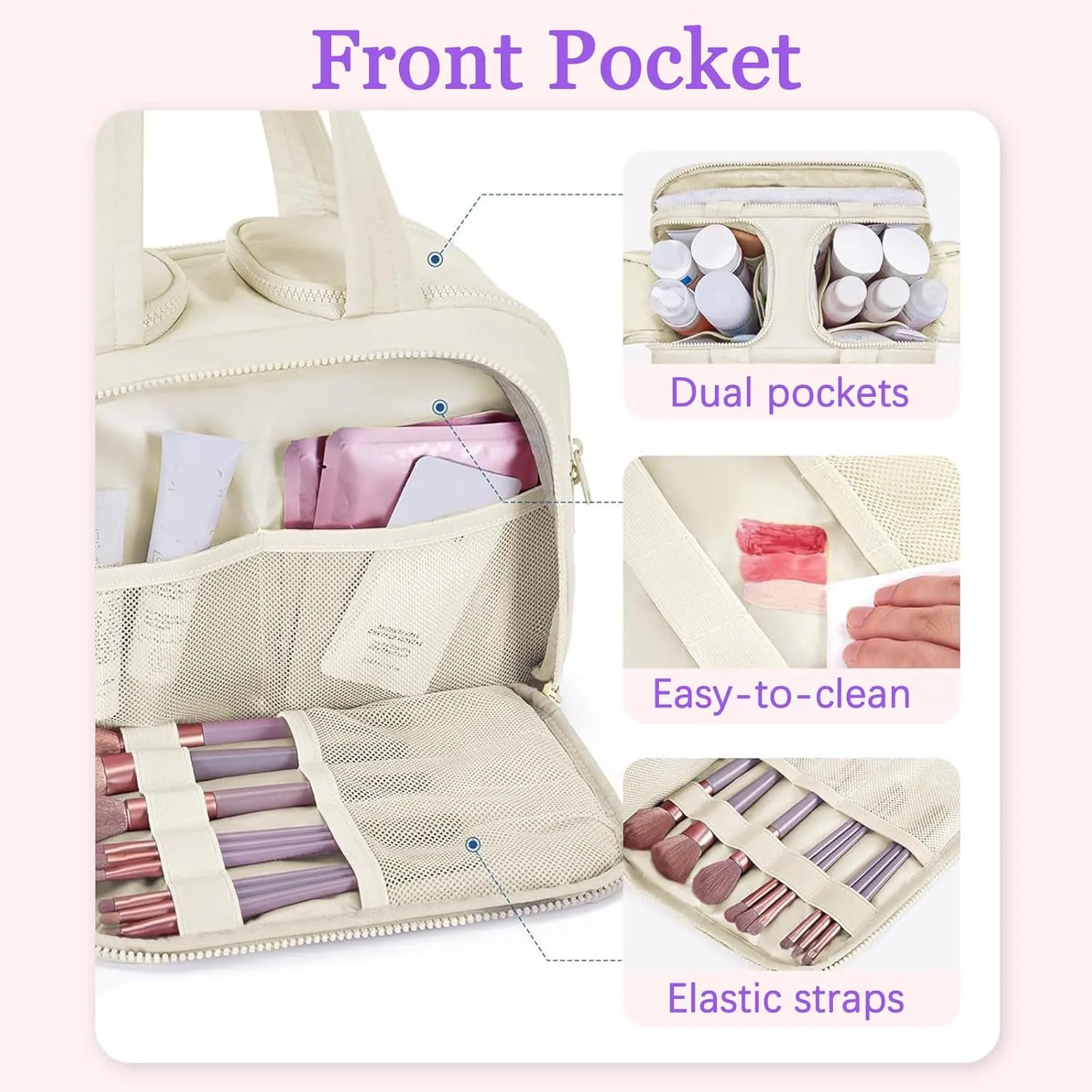 Travel Cosmetic Bag, Lightweight Large Capacity Wide-open Travel Bag for Women, Waterproof Cosmetic Makeup Bag Organizer with Handle for Toiletries, Essentials (Beige)