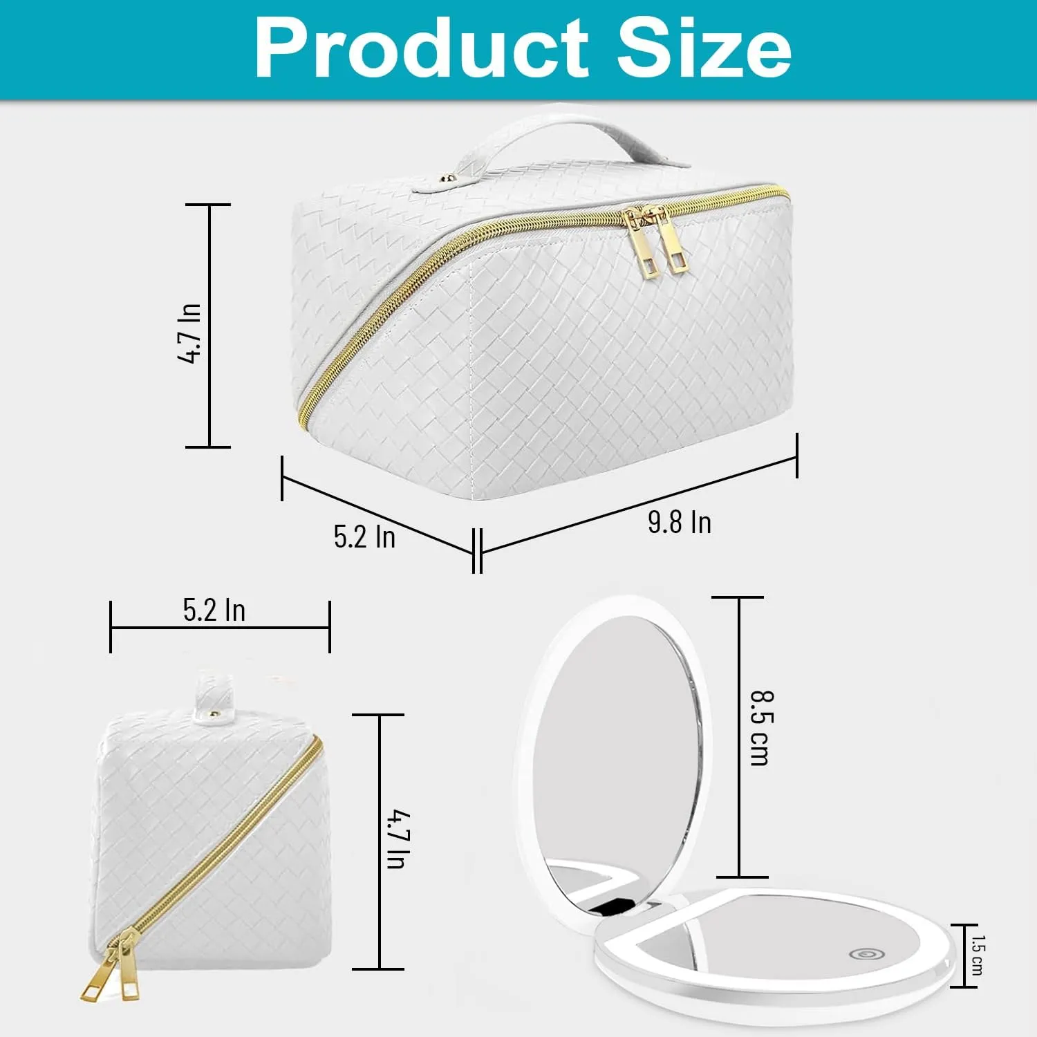 Travel Cosmetic Bags for Women - PU Leather Makeup Bag with Led Pocket Mirror - Waterproof Make up Organizers Bag - Makeup Toiletry Travel Bag - Cosmetics Organizer Bag - Makeup Travel Case