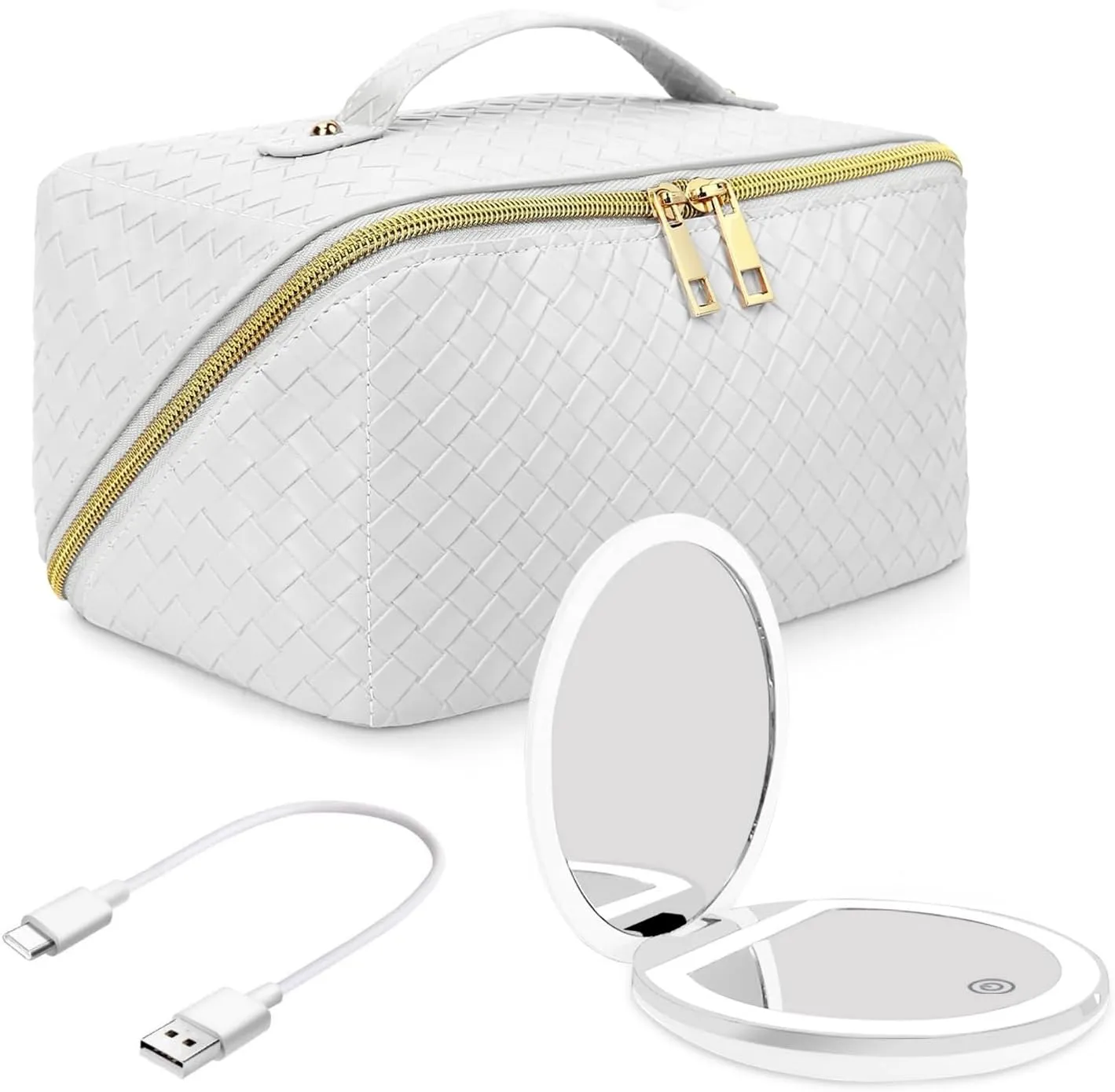 Travel Cosmetic Bags for Women - PU Leather Makeup Bag with Led Pocket Mirror - Waterproof Make up Organizers Bag - Makeup Toiletry Travel Bag - Cosmetics Organizer Bag - Makeup Travel Case