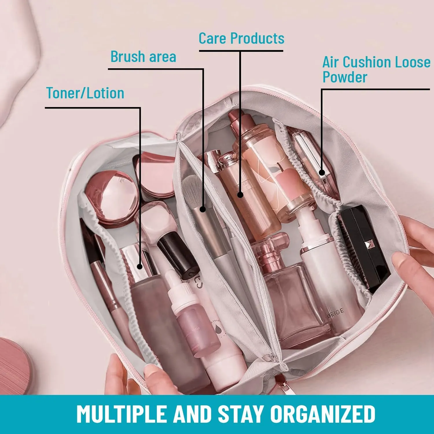 Travel Cosmetic Bags for Women - PU Leather Makeup Bag with Led Pocket Mirror - Waterproof Make up Organizers Bag - Makeup Toiletry Travel Bag - Cosmetics Organizer Bag - Makeup Travel Case