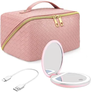 Travel Cosmetic Bags for Women - PU Leather Makeup Bag with Led Pocket Mirror - Waterproof Make up Organizers Bag - Makeup Toiletry Travel Bag - Cosmetics Organizer Bag - Makeup Travel Case
