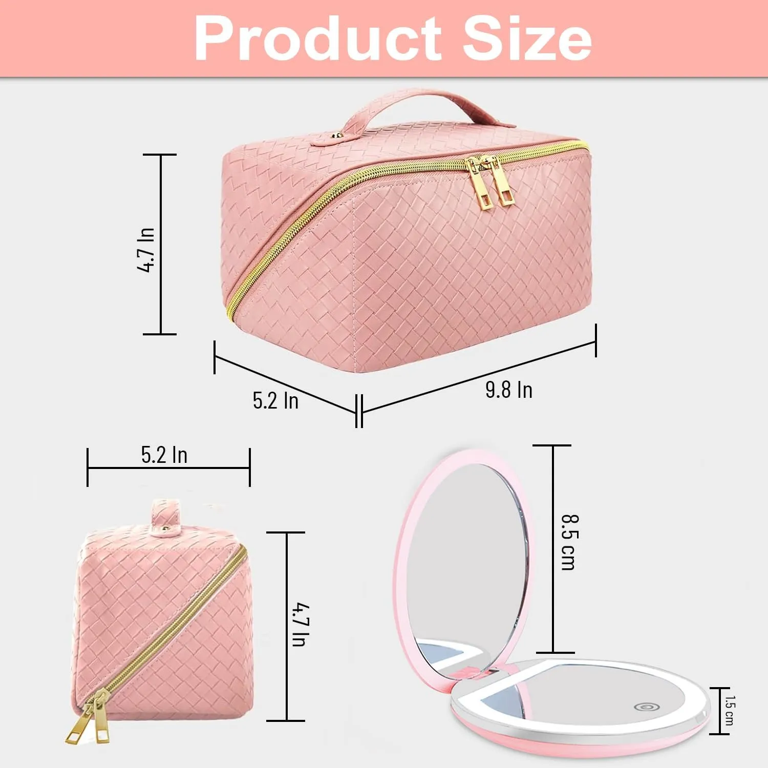 Travel Cosmetic Bags for Women - PU Leather Makeup Bag with Led Pocket Mirror - Waterproof Make up Organizers Bag - Makeup Toiletry Travel Bag - Cosmetics Organizer Bag - Makeup Travel Case