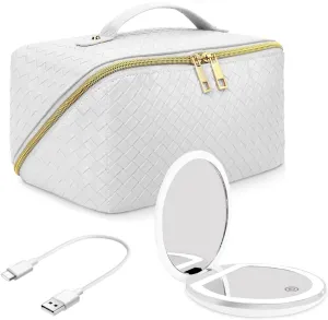 Travel Cosmetic Bags for Women - PU Leather Makeup Bag with Led Pocket Mirror - Waterproof Make up Organizers Bag - Makeup Toiletry Travel Bag - Cosmetics Organizer Bag - Makeup Travel Case