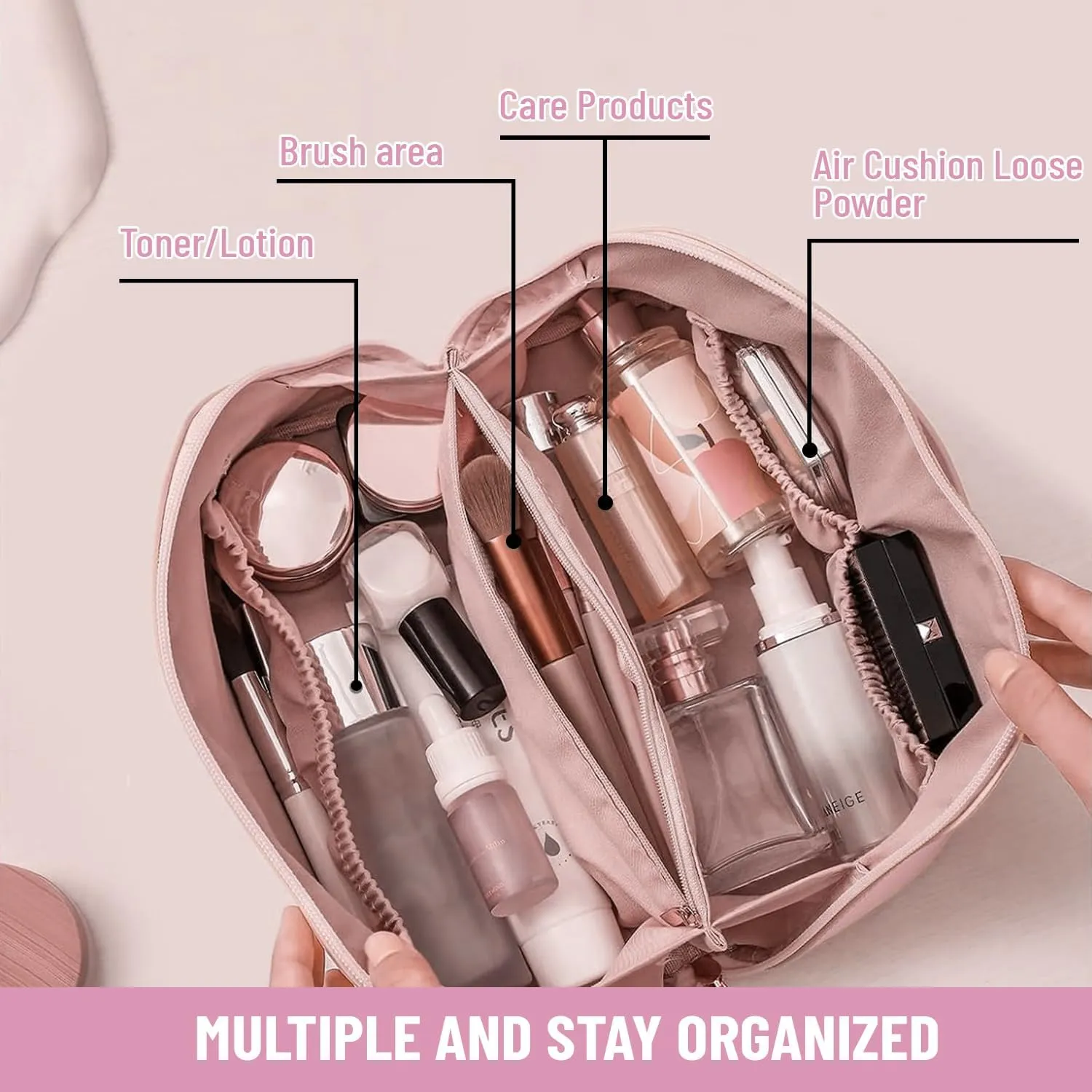 Travel Cosmetic Bags for Women - PU Leather Makeup Bag with Led Pocket Mirror - Waterproof Make up Organizers Bag - Makeup Toiletry Travel Bag - Cosmetics Organizer Bag - Makeup Travel Case