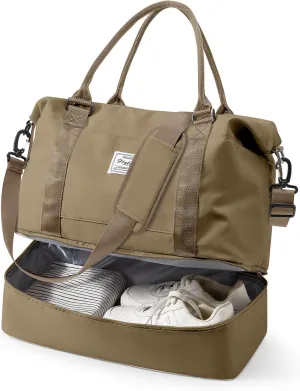 Travel Duffel Bag, 18x14x8 Inches Travel Bag Spirit with Shoes Compartment, Weekender Overnight Bag for Women with Trolley Sleeve, Carry On Bag for Airplanes Sport Tote Gym Bag Khaki