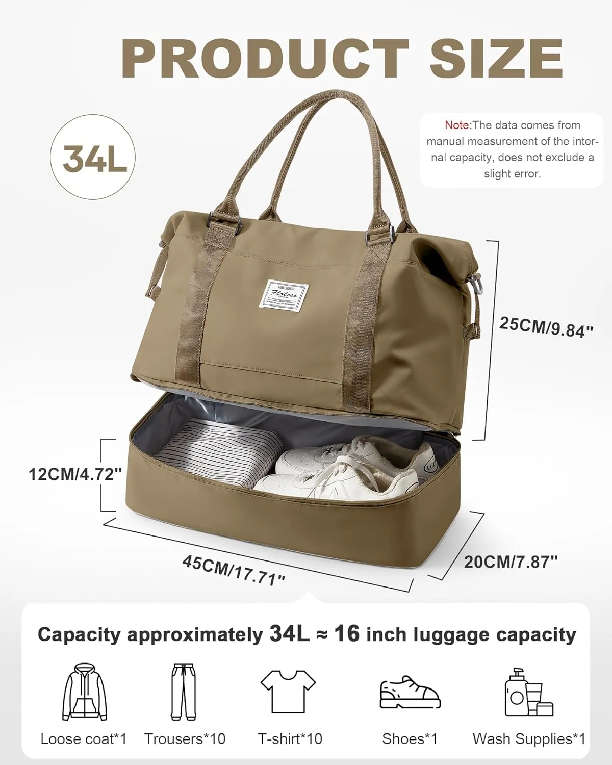 Travel Duffel Bag, 18x14x8 Inches Travel Bag Spirit with Shoes Compartment, Weekender Overnight Bag for Women with Trolley Sleeve, Carry On Bag for Airplanes Sport Tote Gym Bag Khaki