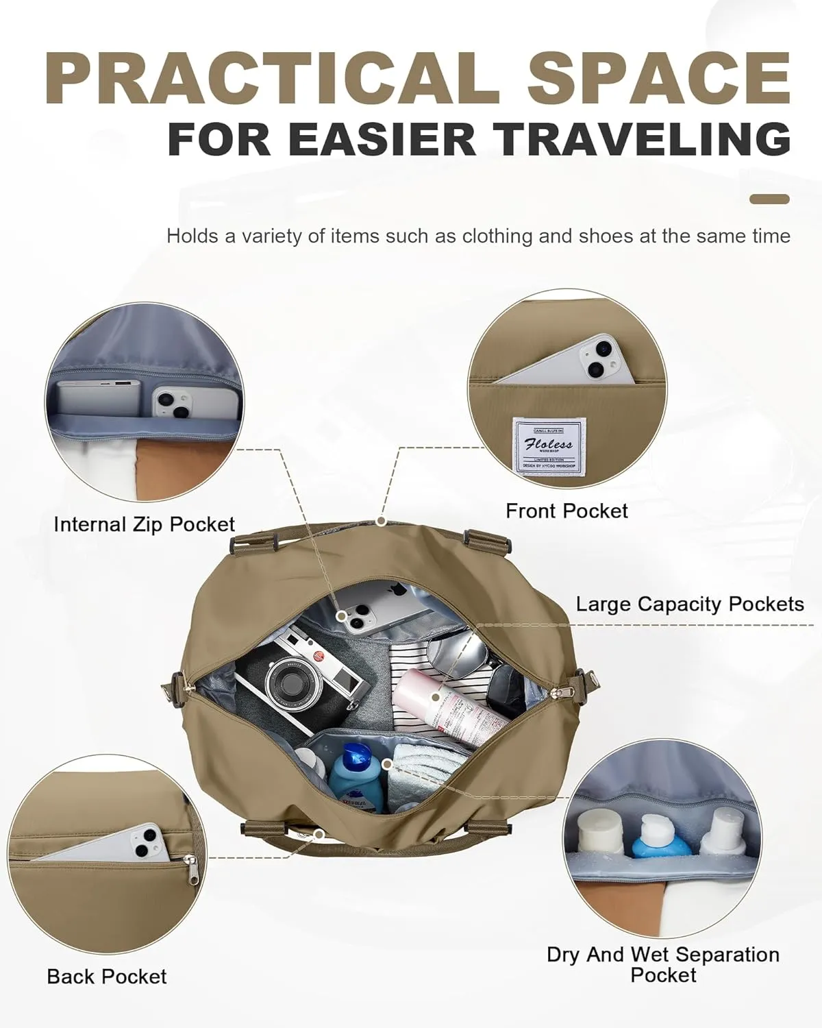 Travel Duffel Bag, 18x14x8 Inches Travel Bag Spirit with Shoes Compartment, Weekender Overnight Bag for Women with Trolley Sleeve, Carry On Bag for Airplanes Sport Tote Gym Bag Khaki