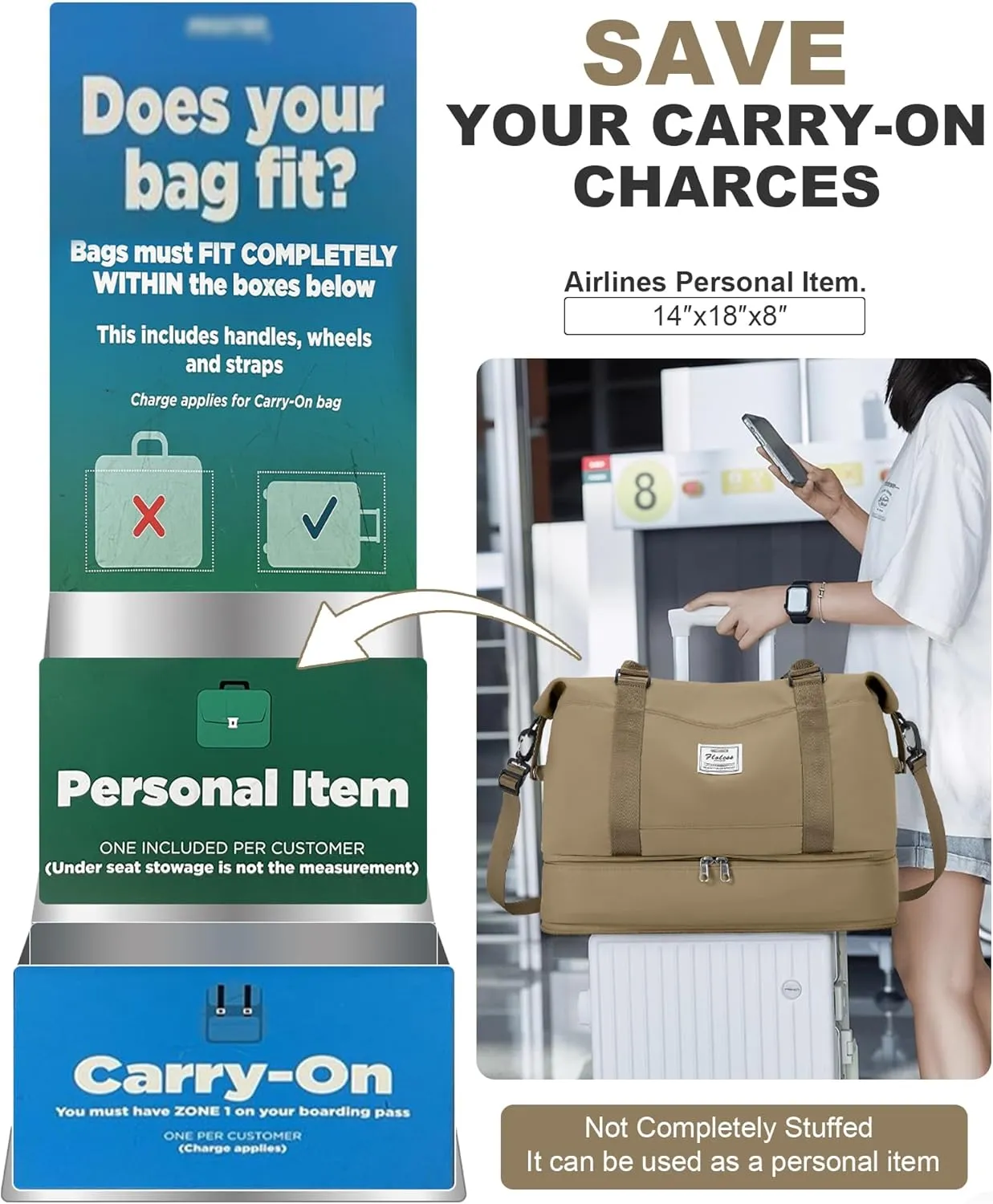 Travel Duffel Bag, 18x14x8 Inches Travel Bag Spirit with Shoes Compartment, Weekender Overnight Bag for Women with Trolley Sleeve, Carry On Bag for Airplanes Sport Tote Gym Bag Khaki