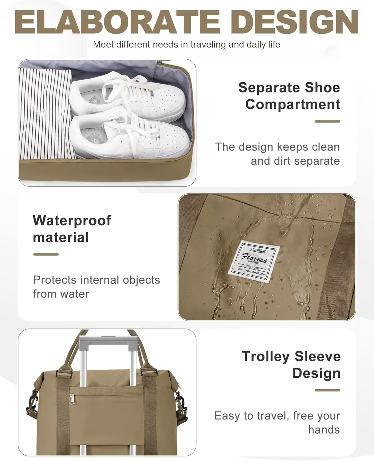 Travel Duffel Bag, 18x14x8 Inches Travel Bag Spirit with Shoes Compartment, Weekender Overnight Bag for Women with Trolley Sleeve, Carry On Bag for Airplanes Sport Tote Gym Bag Khaki