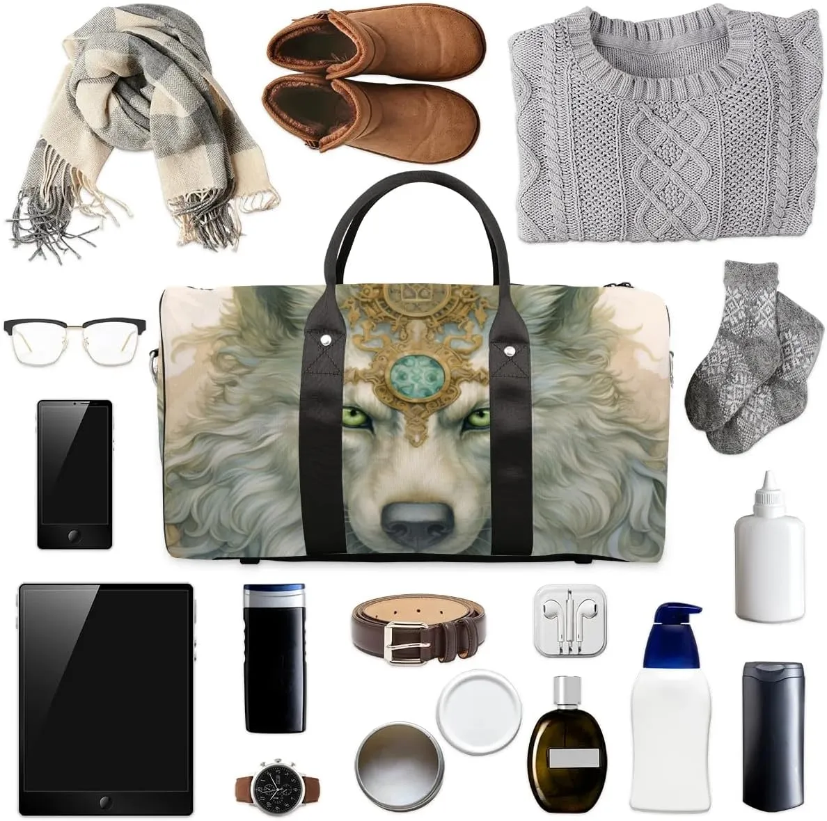 Travel Duffel Bag, Boho Animal Wolf Sports Tote Gym Bag Foldable Western Aztec Weekender Bag Carry on Luggage Handle Bag Overnight Shoulder Bag for Women Men,A-1080