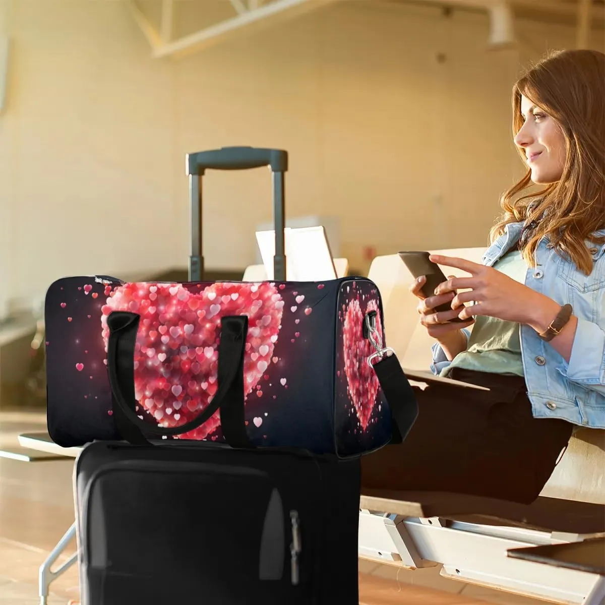 Travel Duffel Bag for Women Men Pink Love Hearts Print Waterproof Foldable Overnight Weekender Bag Large Capacity Sports Gym Bag