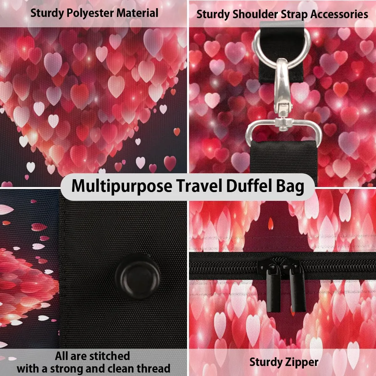 Travel Duffel Bag for Women Men Pink Love Hearts Print Waterproof Foldable Overnight Weekender Bag Large Capacity Sports Gym Bag