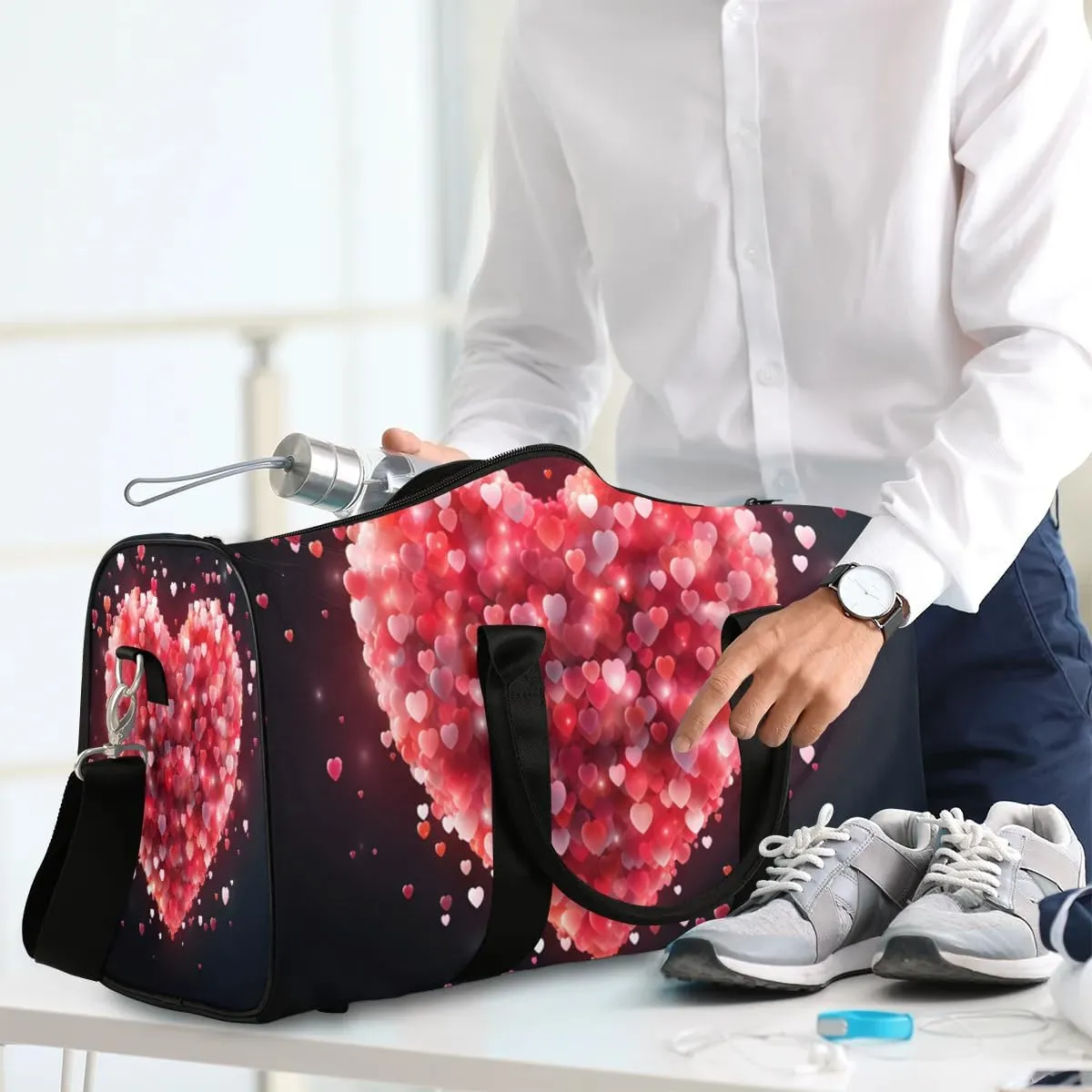 Travel Duffel Bag for Women Men Pink Love Hearts Print Waterproof Foldable Overnight Weekender Bag Large Capacity Sports Gym Bag