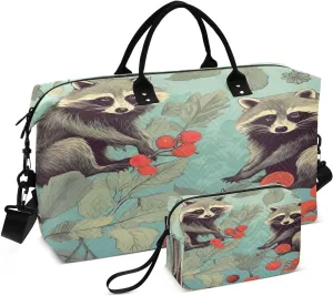 Travel Duffel Bag Large Weekender Overnight Bags for Women Men, Cute Raccoons Gym Bag with Toiletry Bag