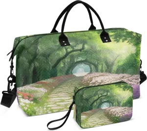 Travel Duffel Bag Large Weekender Overnight Bags for Women Men, Green Grove Garden Flower Path Gym Bag with Toiletry Bag