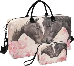 Travel Duffel Bag Large Weekender Overnight Bags for Women Men, Horses Friendship Gym Bag with Toiletry Bag