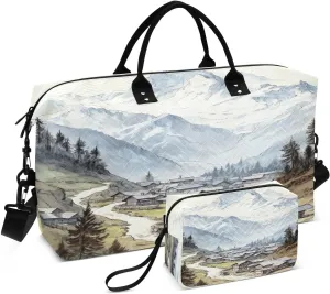Travel Duffel Bag Large Weekender Overnight Bags for Women Men, Moutain Village Gym Bag with Toiletry Bag