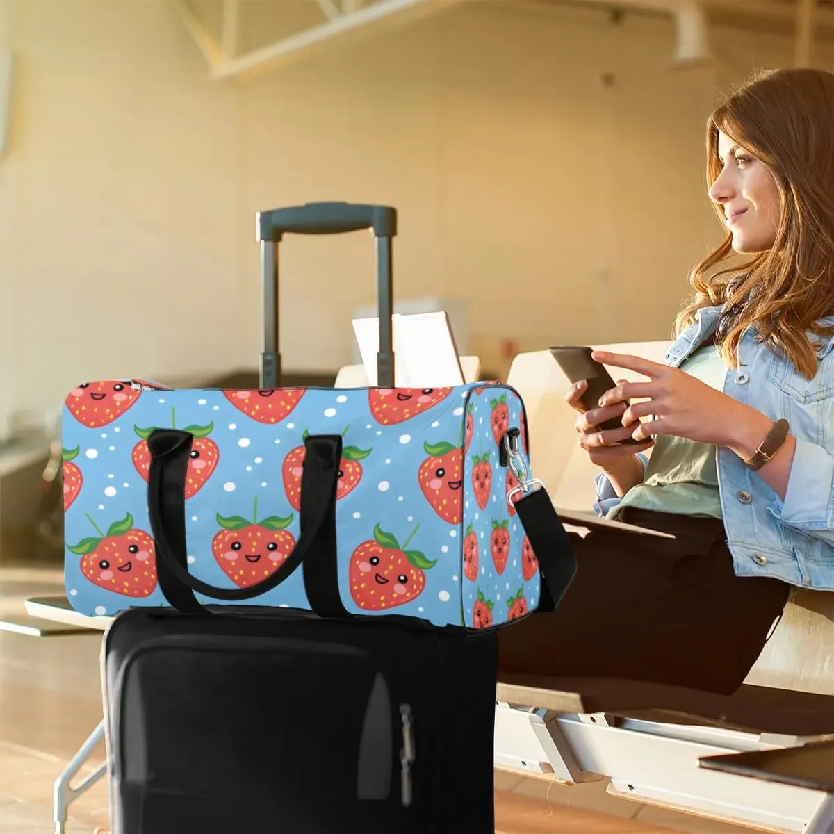 Travel Duffel Bag, Polka Dot Strawberry Sports Tote Gym Bag Foldable Western Aztec Weekender Bag Carry on Luggage Handle Bag Overnight Shoulder Bag for Women Men,A-426
