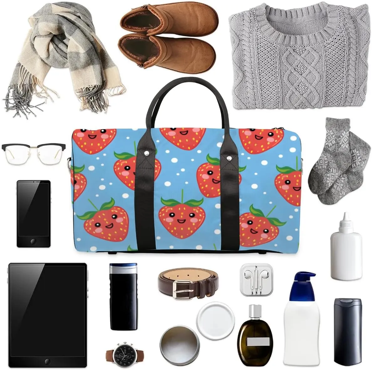 Travel Duffel Bag, Polka Dot Strawberry Sports Tote Gym Bag Foldable Western Aztec Weekender Bag Carry on Luggage Handle Bag Overnight Shoulder Bag for Women Men,A-426