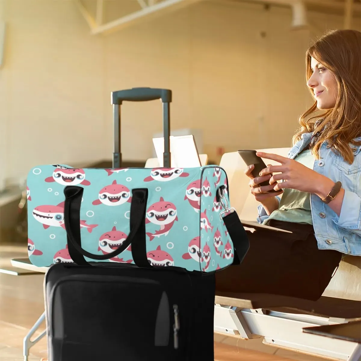 Travel Duffel Bag, Shark Ocean Animal Sports Tote Gym Bag Foldable Western Aztec Weekender Bag Carry on Luggage Handle Bag Overnight Shoulder Bag for Women Men,A-779