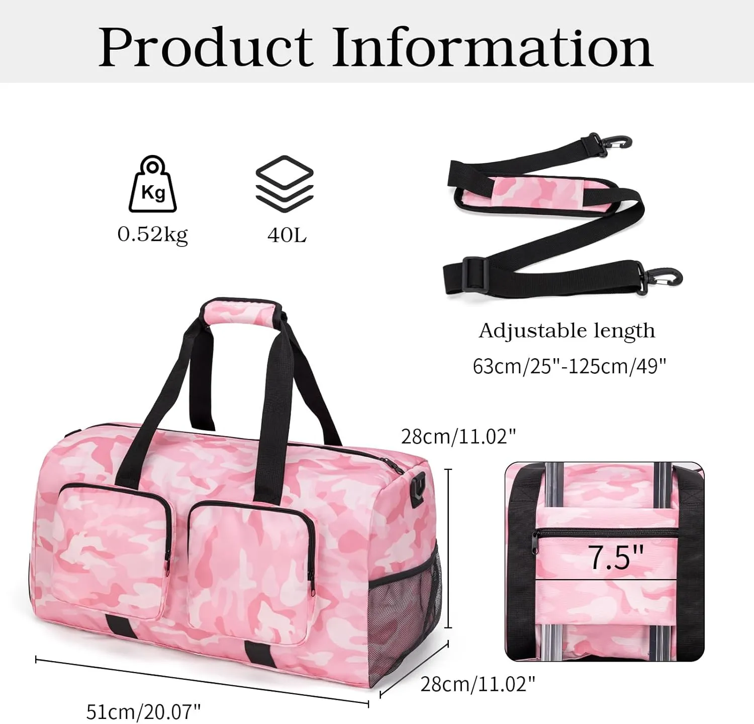 Travel Duffel Bags 40L,Gym Bag, Travel Bag, Duffle Bag Women, Foldable Overnight Weekender Bags for Women & Men with Adjustable Shoulder Strap