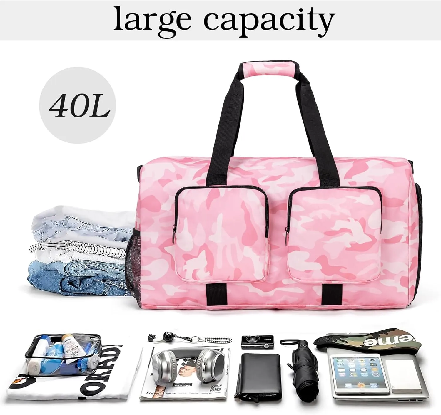 Travel Duffel Bags 40L,Gym Bag, Travel Bag, Duffle Bag Women, Foldable Overnight Weekender Bags for Women & Men with Adjustable Shoulder Strap