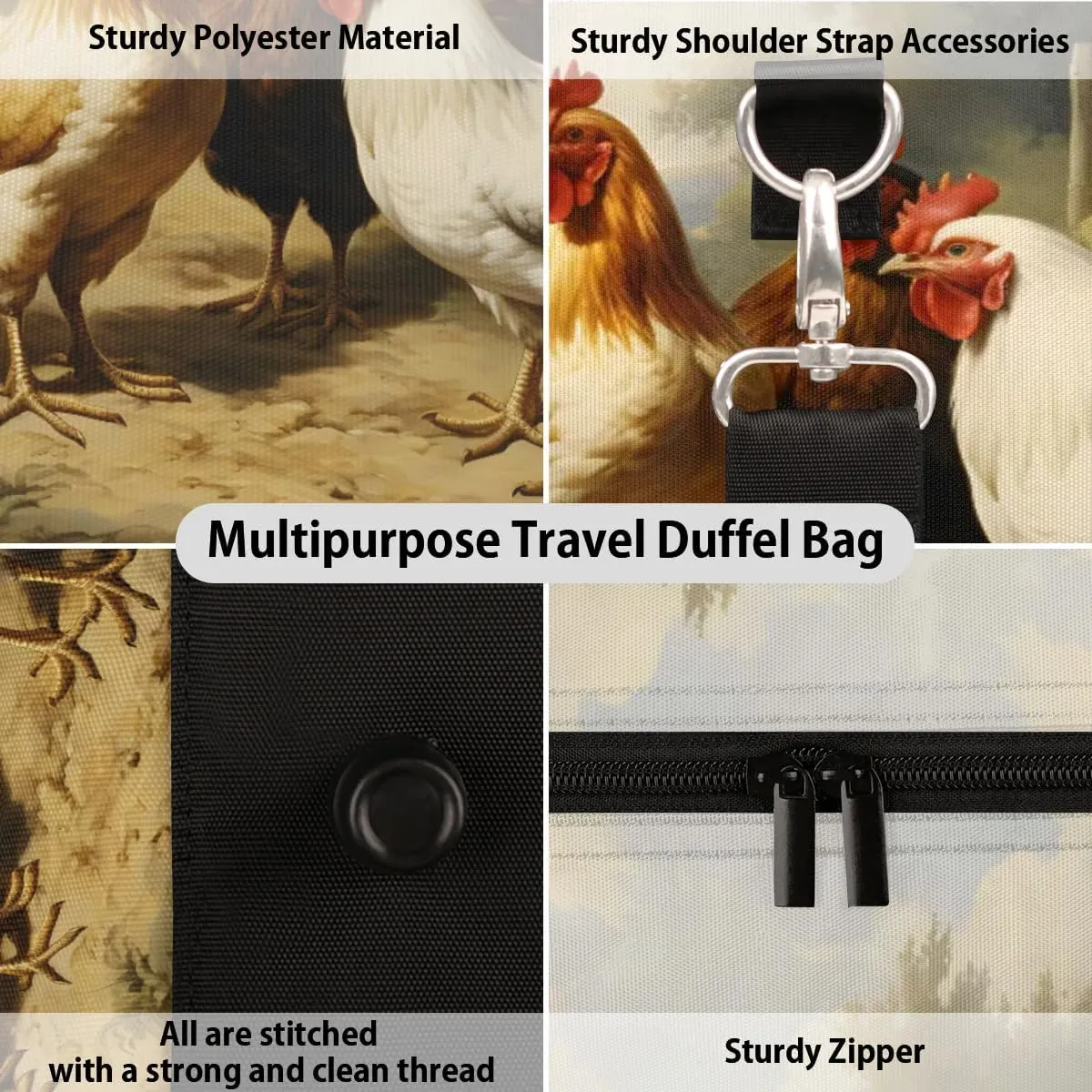 Travel Duffle Bag Farm Chickens Gym Bags for Men Women Travel Duffel Bags with Adjustable Shoulder Strap Carry On Weekender Bag