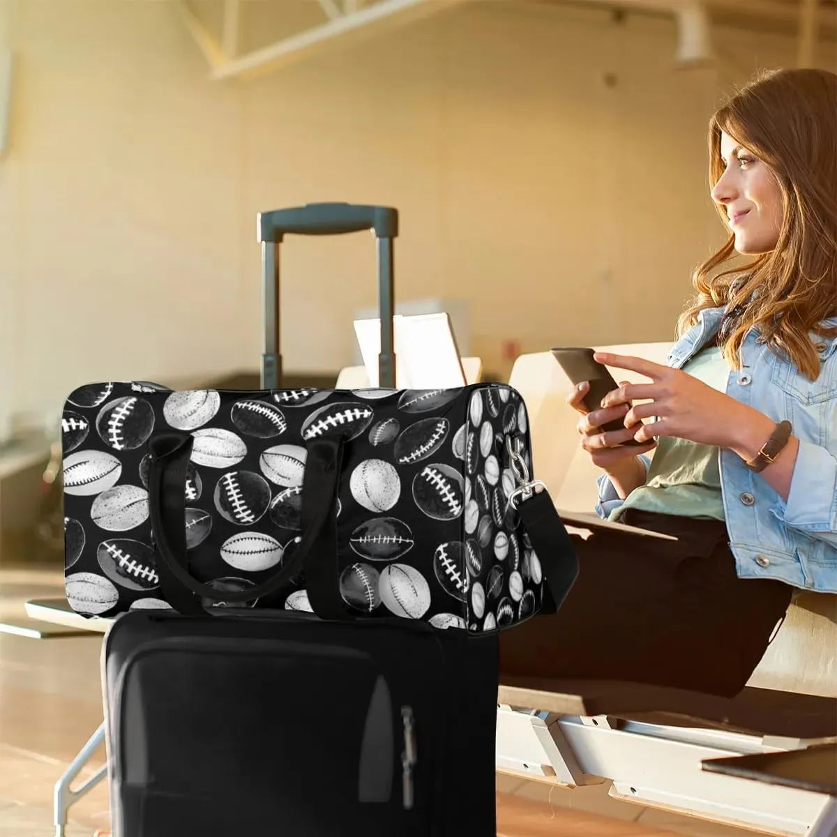 Travel Duffle Bag Football Print Gym Bags for Men Women Travel Duffel Bags with Adjustable Shoulder Strap Carry On Weekender Bag