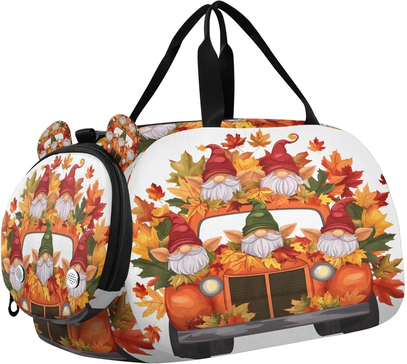 Travel Duffle Bag for Kids Boys Girls Autumn Maple Leaf Traditional Gnome Truck Sports Bag Overnighter Duffle Sleepover Weekender with Shoes Compartment