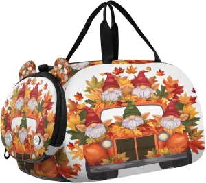 Travel Duffle Bag for Kids Boys Girls Autumn Maple Leaf Traditional Gnome Truck Sports Bag Overnighter Duffle Sleepover Weekender with Shoes Compartment