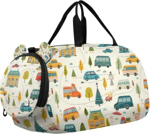 Travel Duffle Bag for Kids Boys Girls Car Bus Town Childish Sports Bag Overnighter Duffle Sleepover Weekender with Shoes Compartment