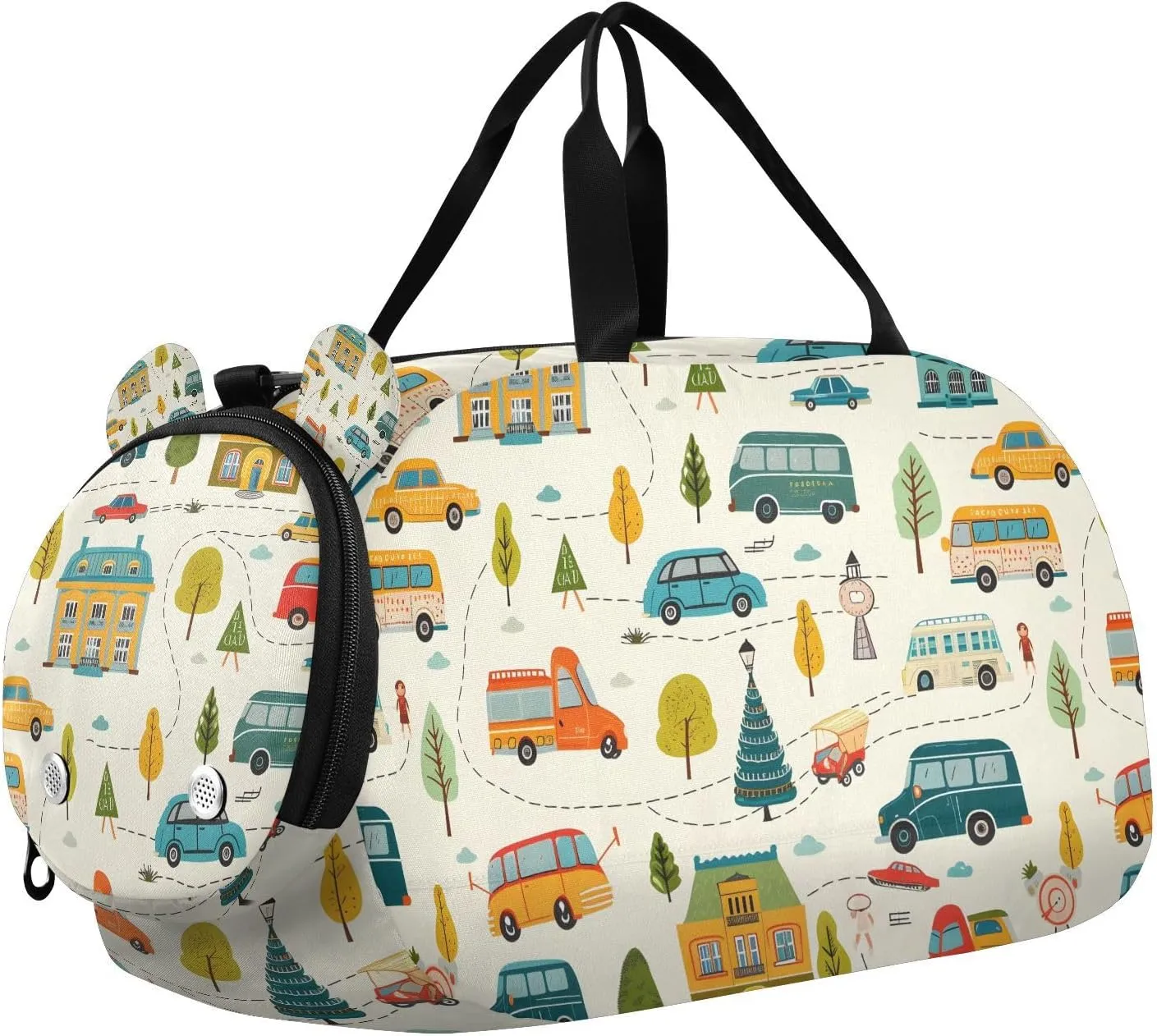 Travel Duffle Bag for Kids Boys Girls Car Bus Town Childish Sports Bag Overnighter Duffle Sleepover Weekender with Shoes Compartment