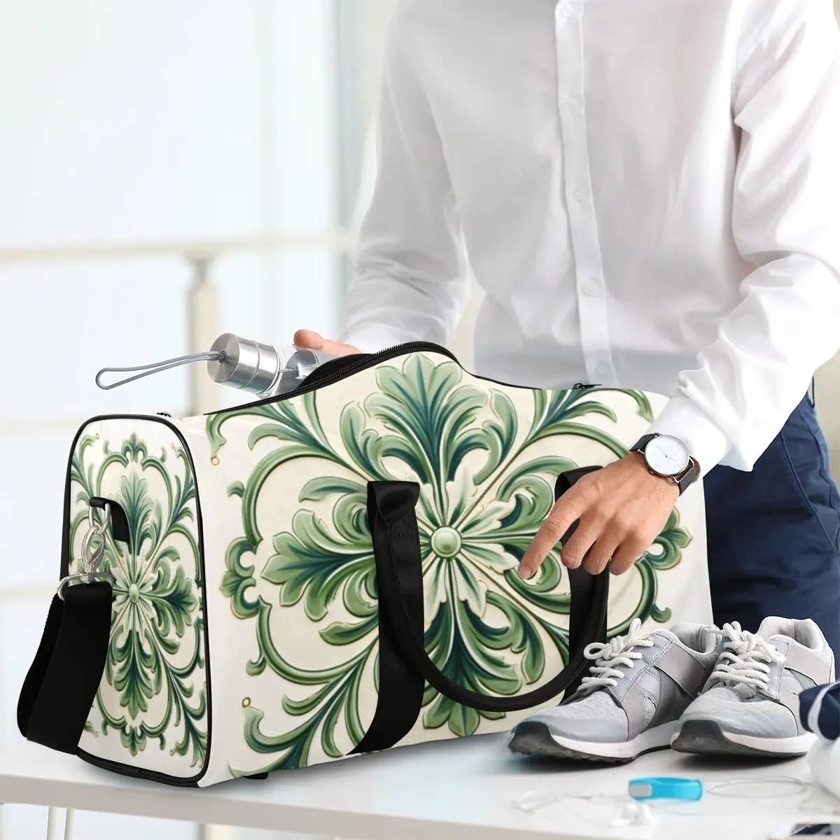 Travel Duffle Bag Green Floral Pattern Gym Bags for Men Women Travel Duffel Bags with Adjustable Shoulder Strap Carry On Weekender Bag