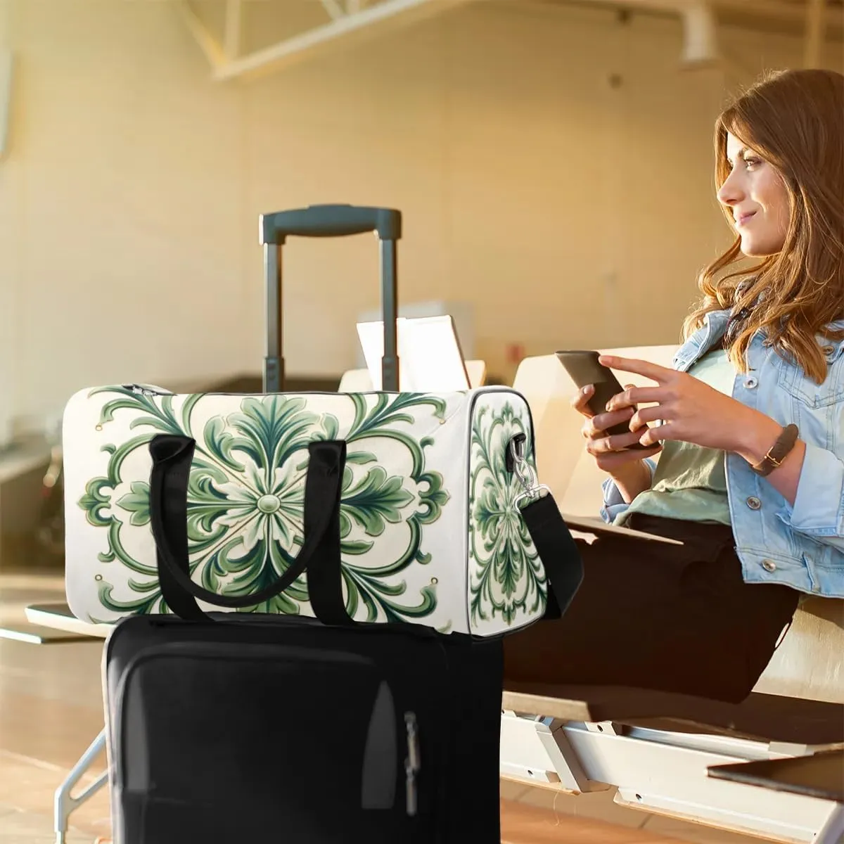 Travel Duffle Bag Green Floral Pattern Gym Bags for Men Women Travel Duffel Bags with Adjustable Shoulder Strap Carry On Weekender Bag